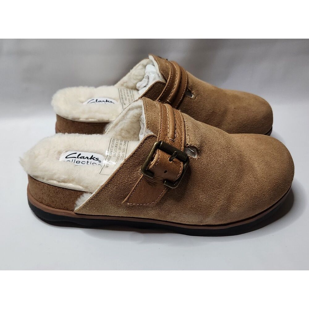 Clarks Brynn Slide Women’s 7 Tan Suede Faux Fur Lined Clogs
